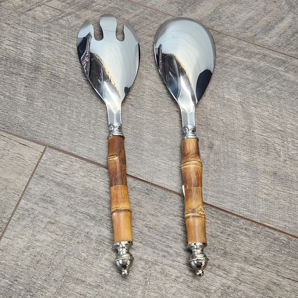 Vintage Bamboo Salad Servers Set Stainless Steel Made in India Boho Tiki Decor